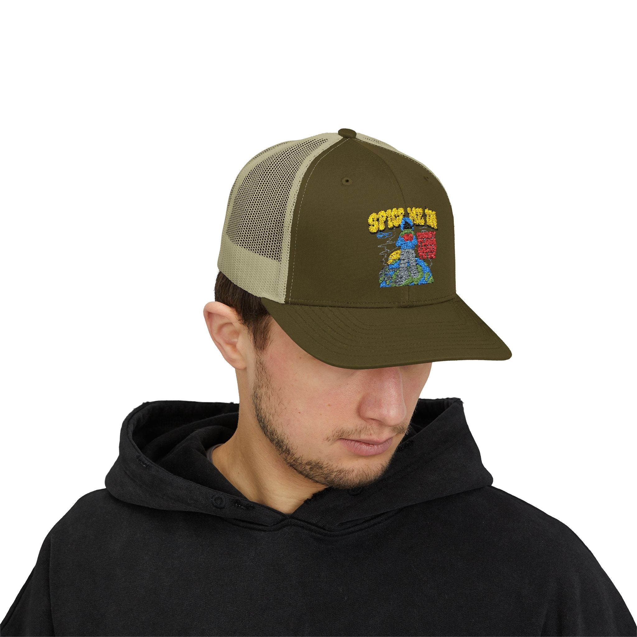 Spice Me In - Snapback Trucker Cap — Colorful Cartoon Parrot Design