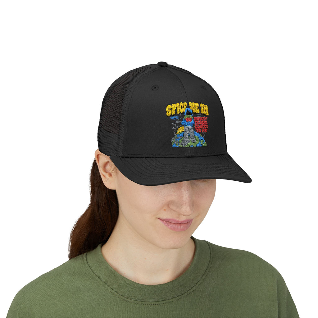 Spice Me In - Snapback Trucker Cap — Colorful Cartoon Parrot Design