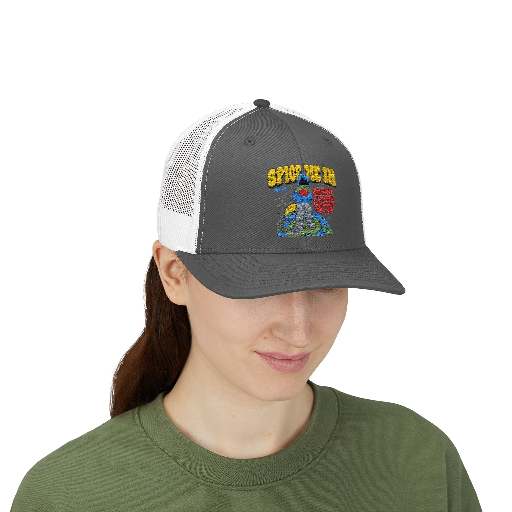 Spice Me In - Snapback Trucker Cap — Colorful Cartoon Parrot Design