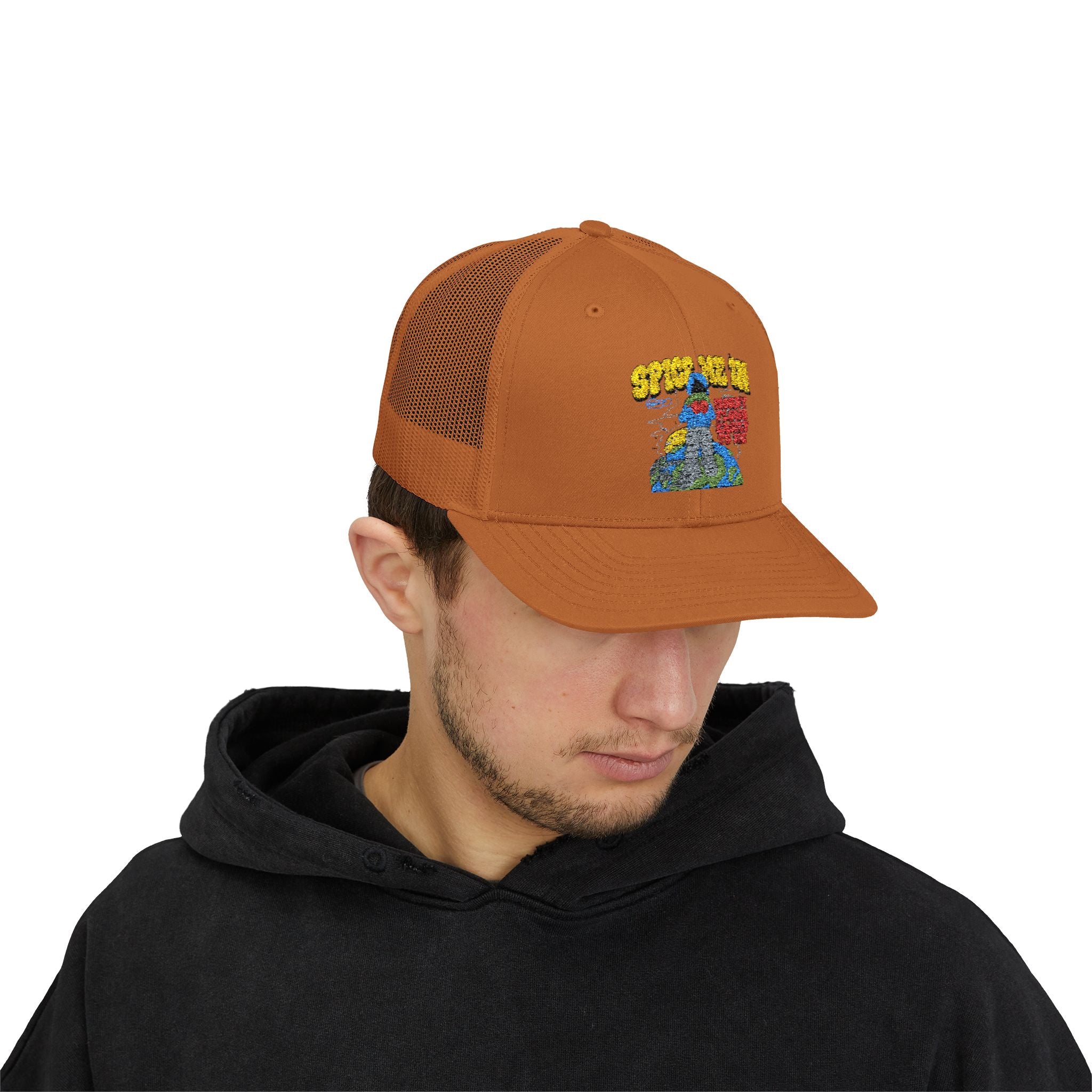 Spice Me In - Snapback Trucker Cap — Colorful Cartoon Parrot Design
