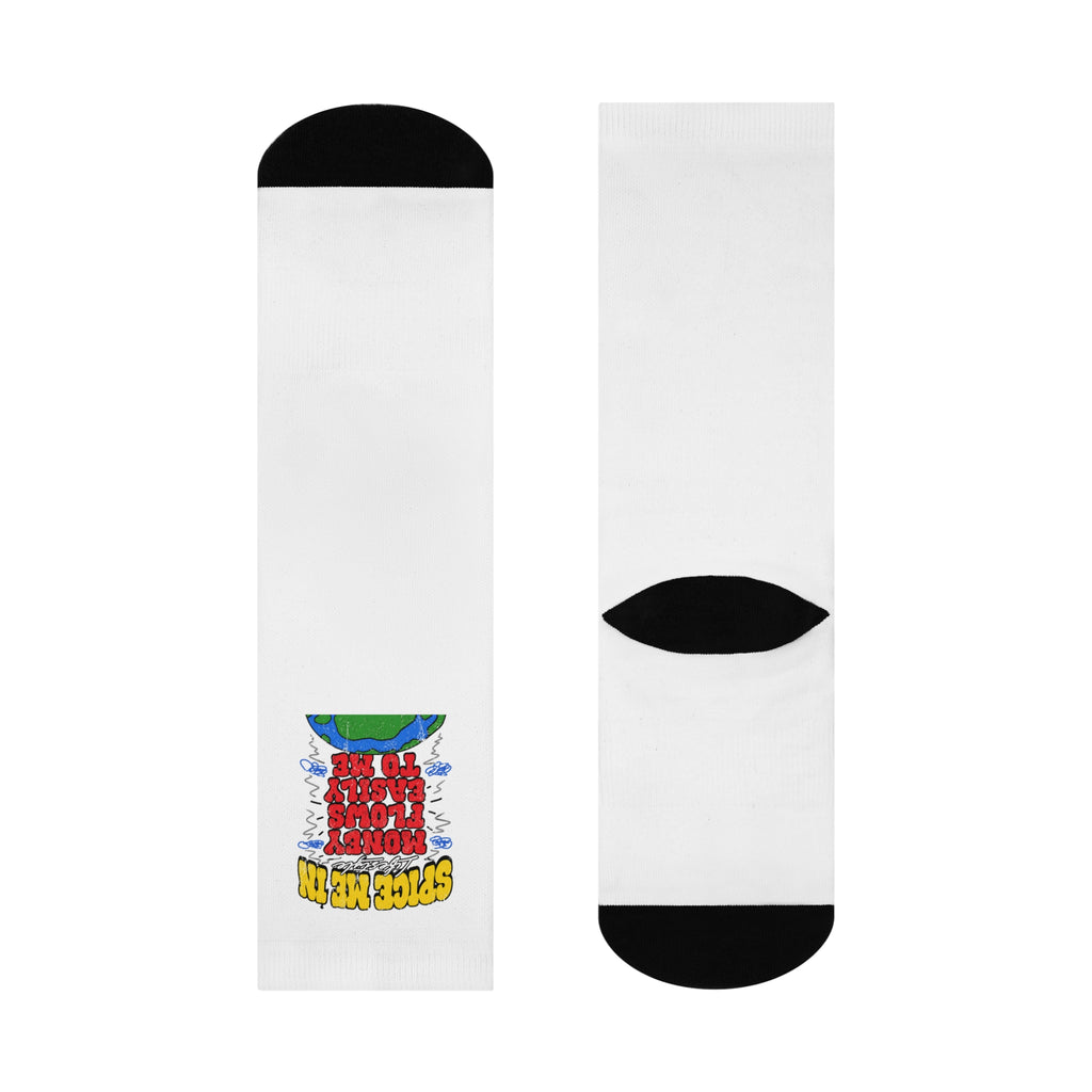 Spice Me In - Cushioned Crew Socks — "Spice Me In" Retro Hot Sauce Graphic Socks
