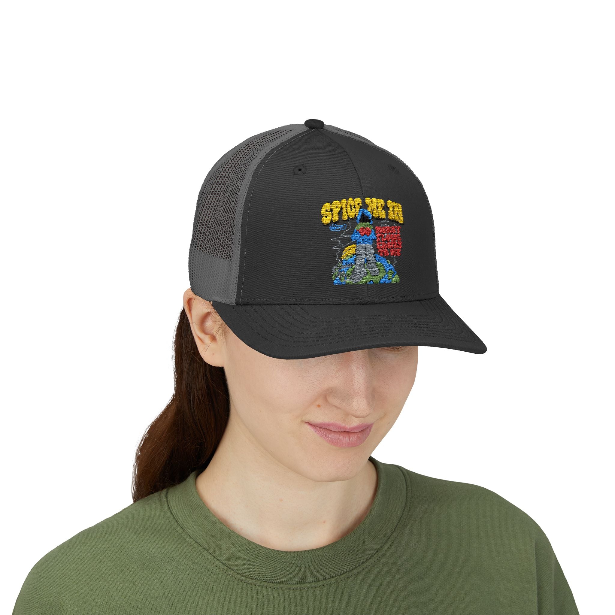 Spice Me In - Snapback Trucker Cap — Colorful Cartoon Parrot Design
