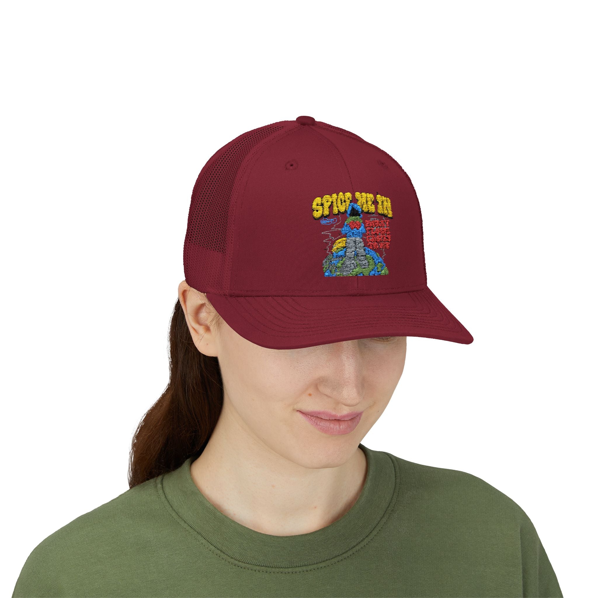 Spice Me In - Snapback Trucker Cap — Colorful Cartoon Parrot Design
