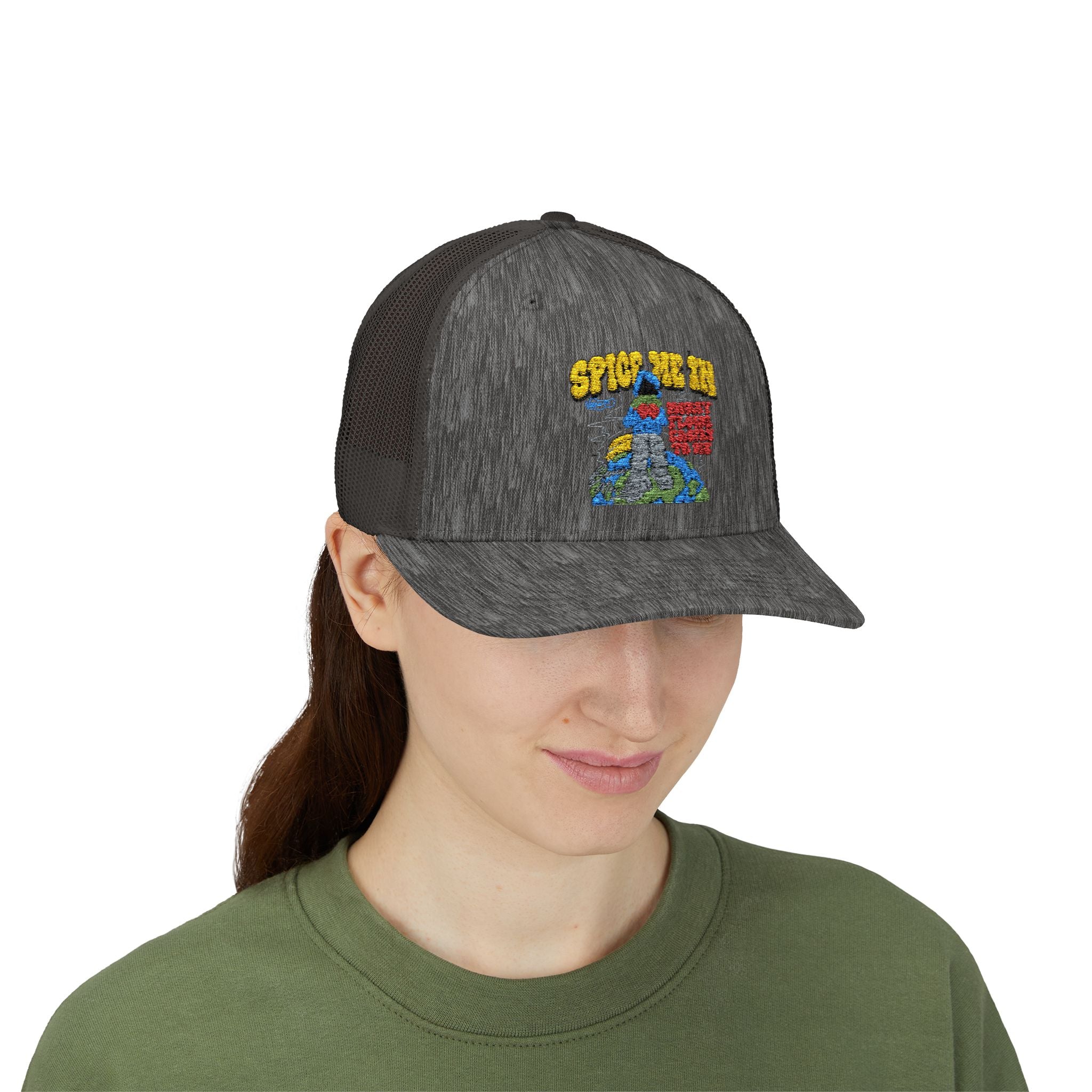 Spice Me In - Snapback Trucker Cap — Colorful Cartoon Parrot Design