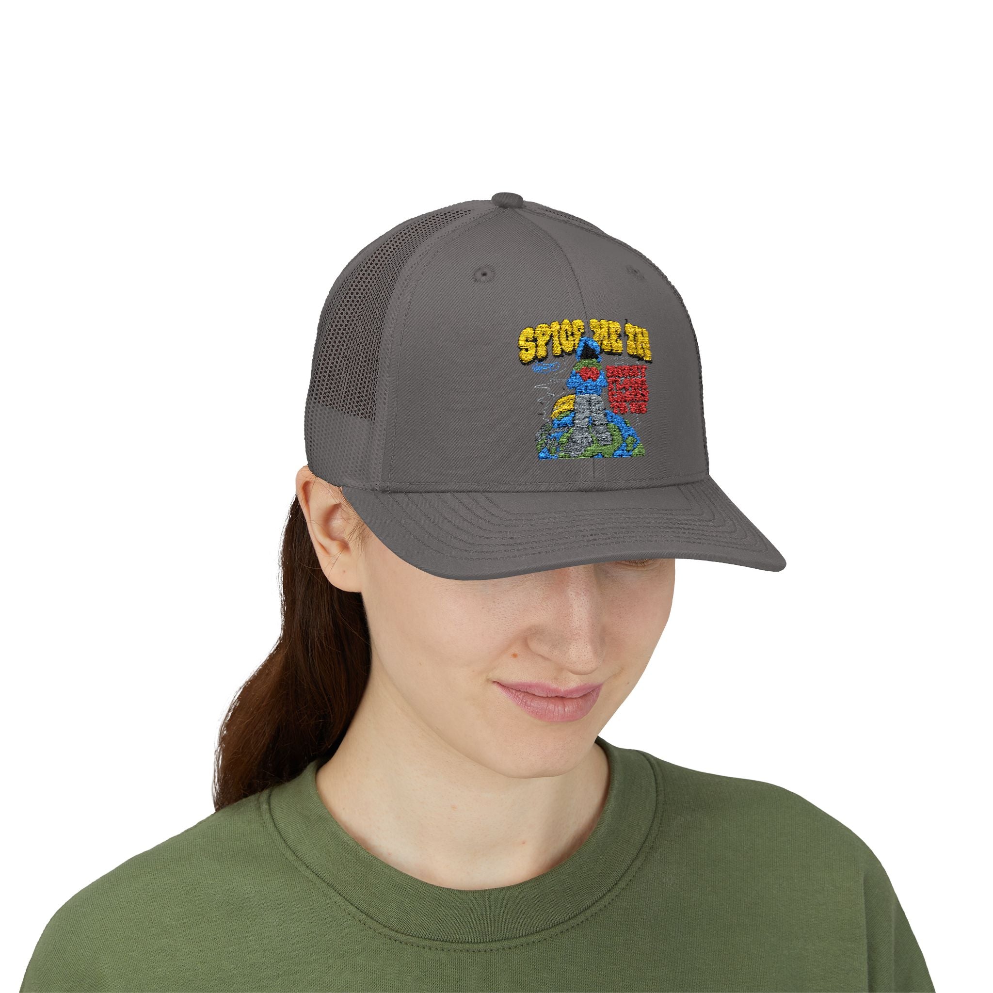 Spice Me In - Snapback Trucker Cap — Colorful Cartoon Parrot Design