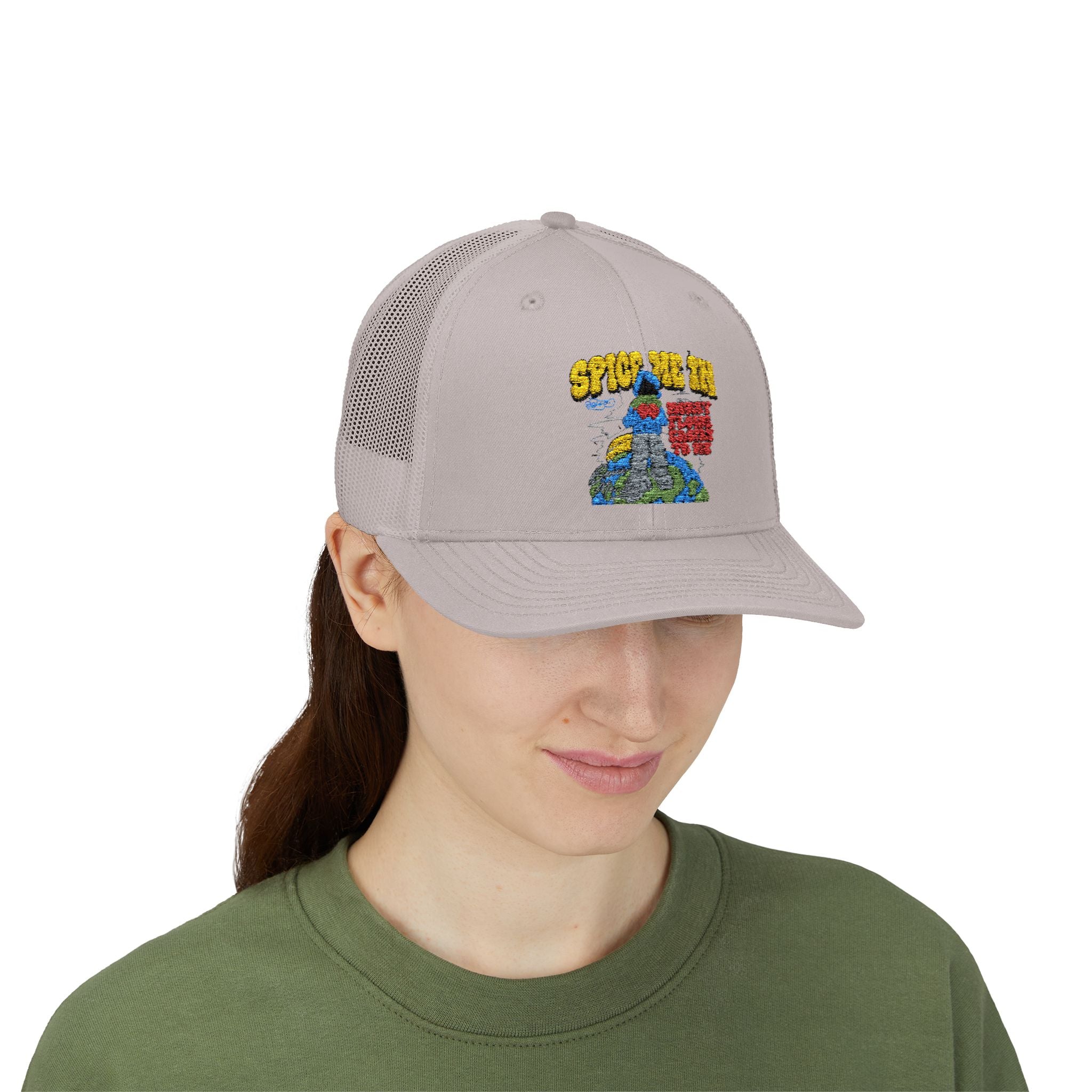 Spice Me In - Snapback Trucker Cap — Colorful Cartoon Parrot Design