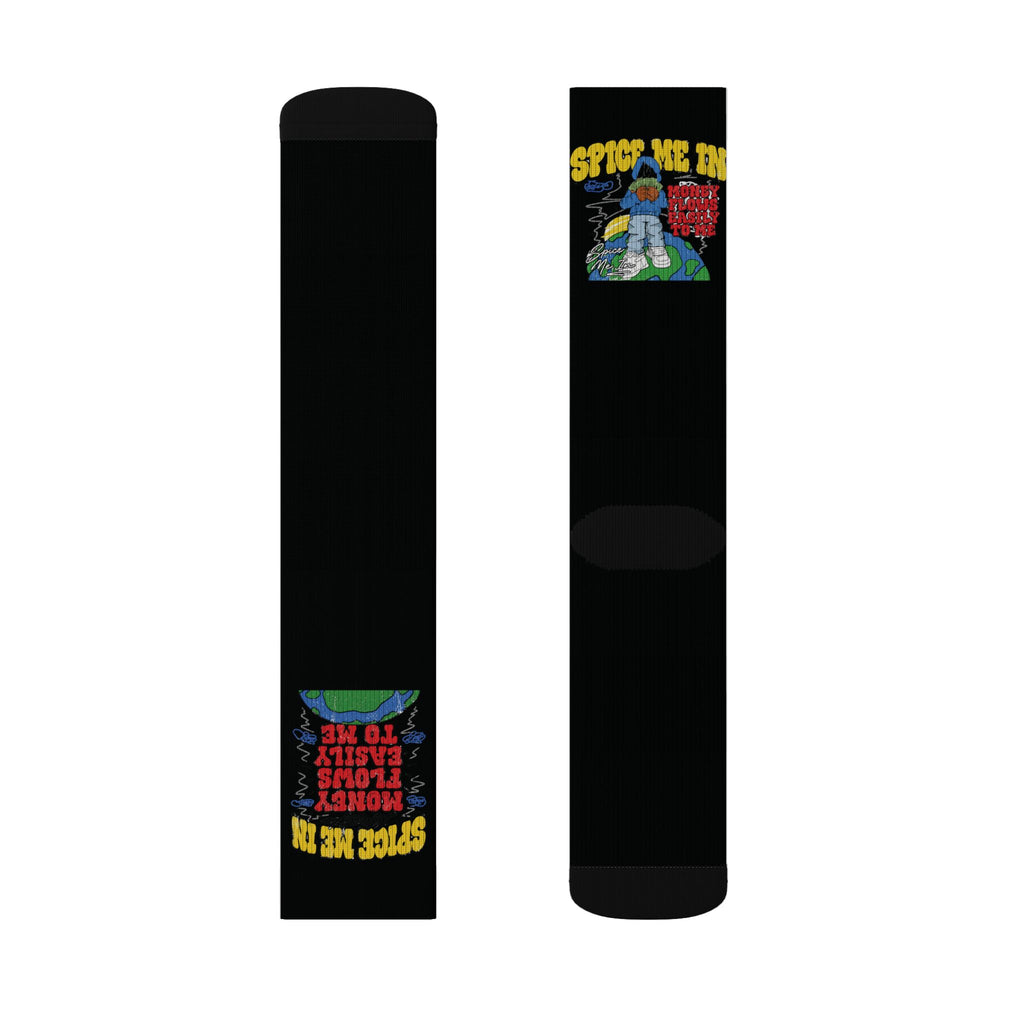 Spice Me In - Spice Me Up Black Sublimation Socks — Retro Hot Sauce Graphic
