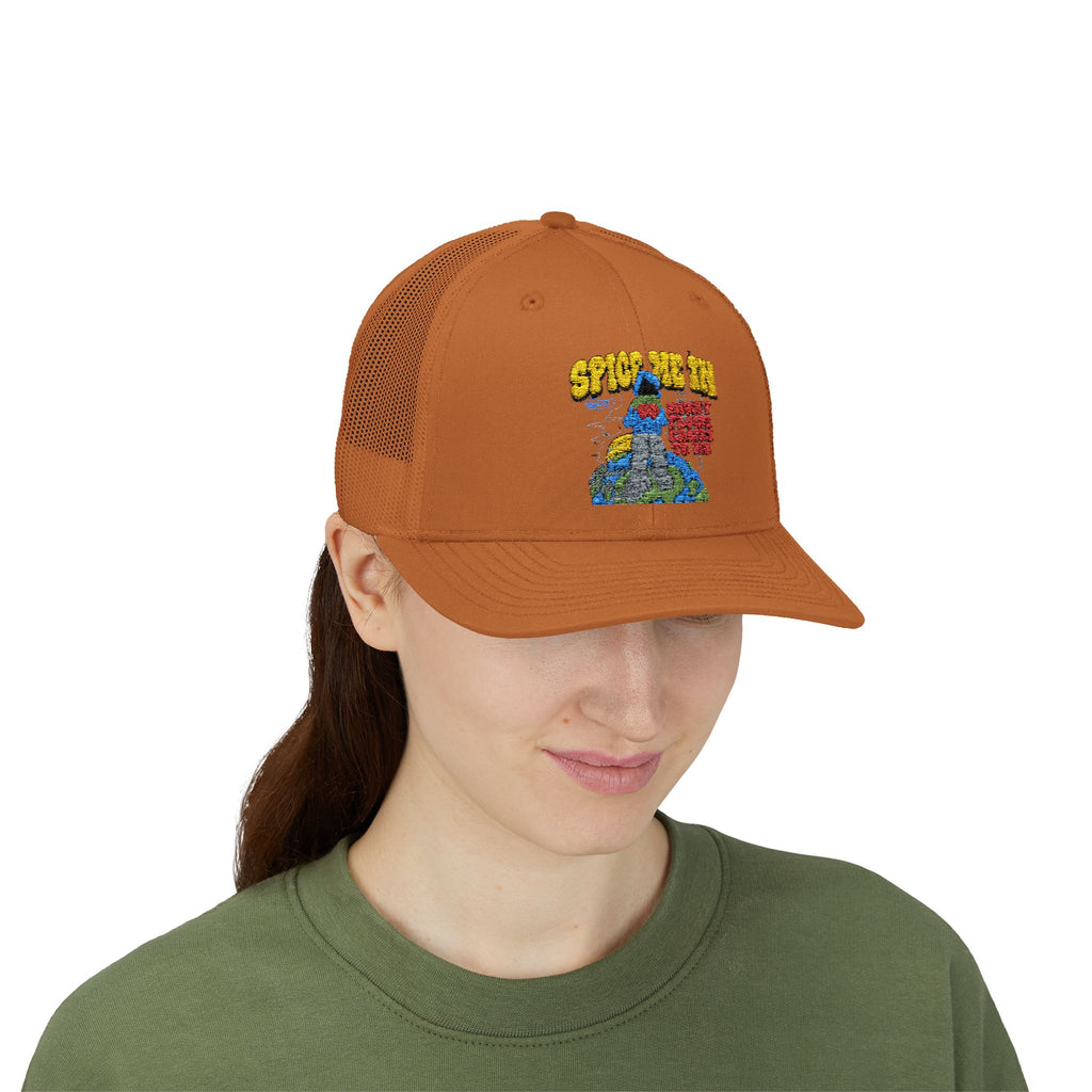 Spice Me In - Snapback Trucker Cap — Colorful Cartoon Parrot Design