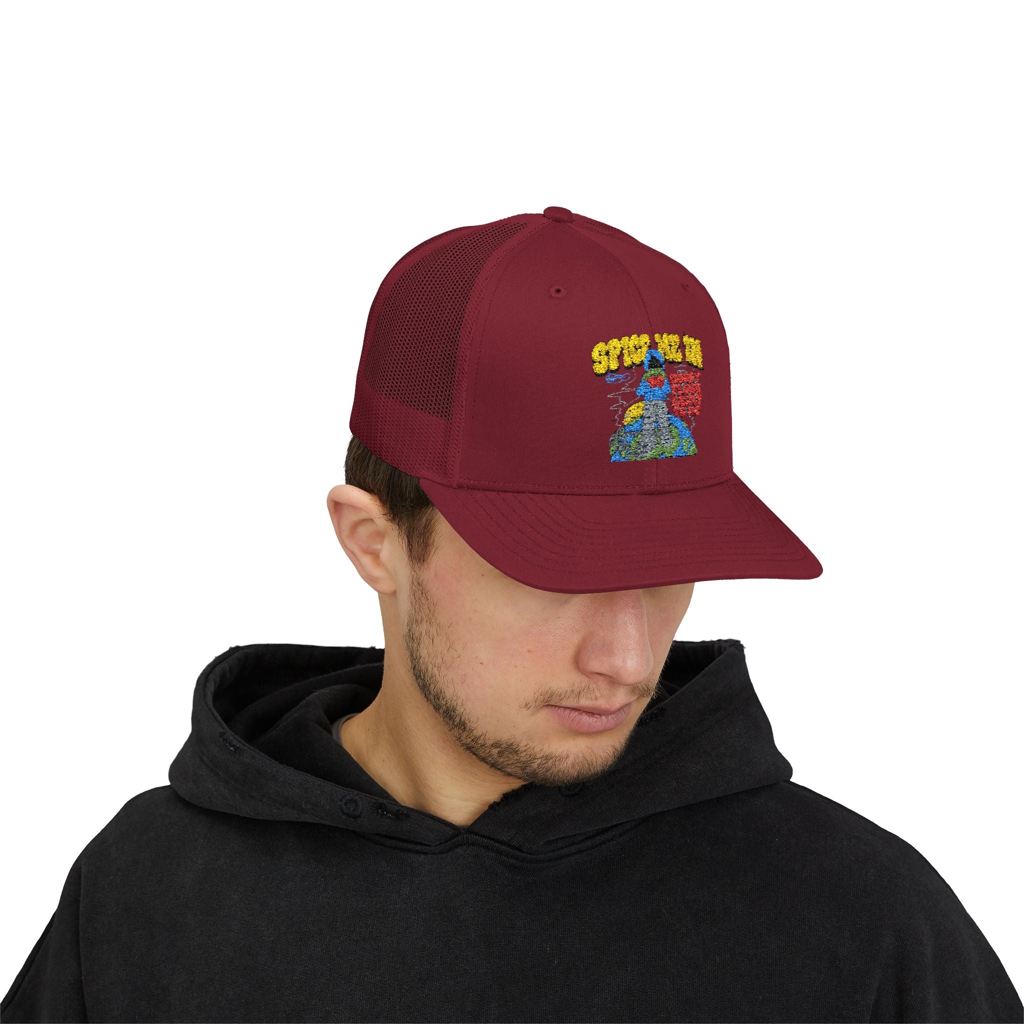 Spice Me In - Snapback Trucker Cap — Colorful Cartoon Parrot Design