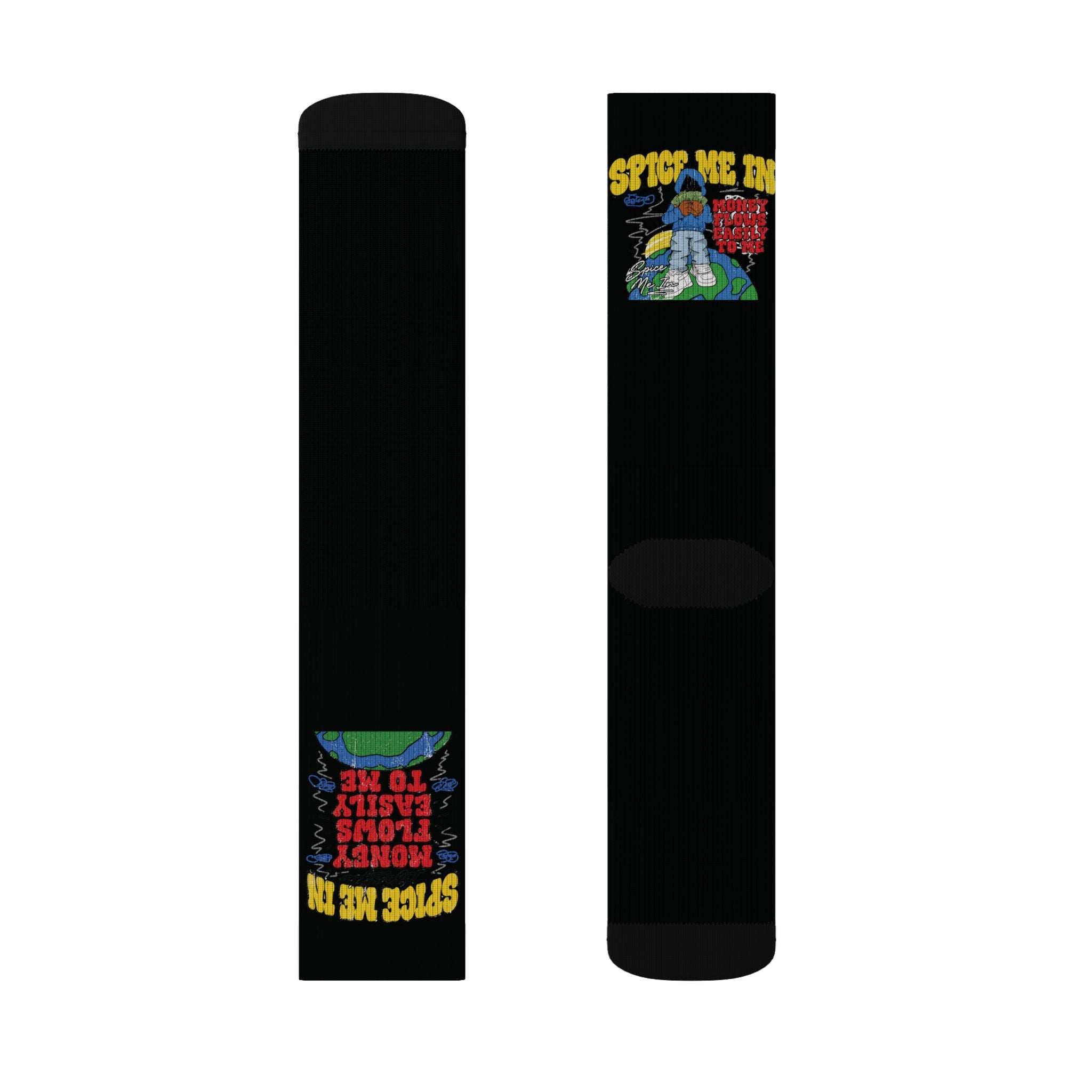 Spice Me In - Spice Me Up Black Sublimation Socks — Retro Hot Sauce Graphic