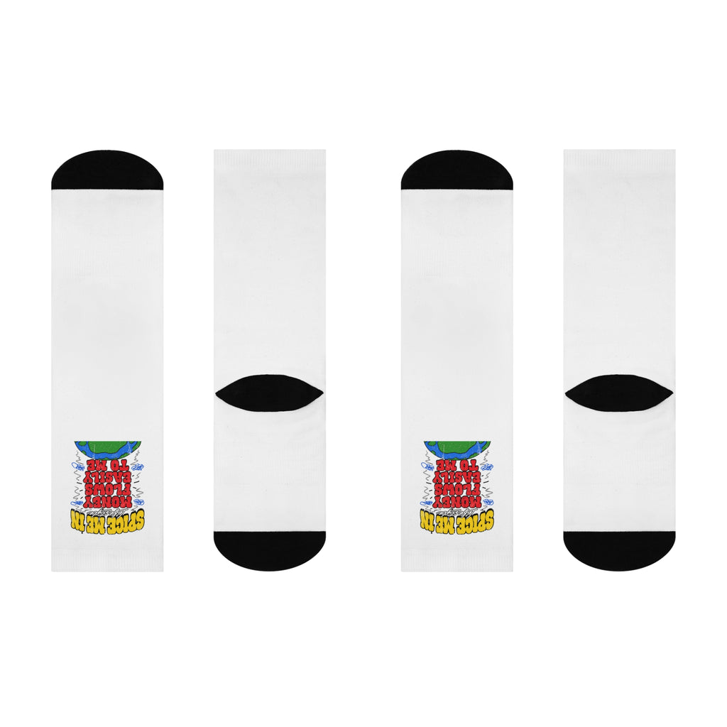Spice Me In - Cushioned Crew Socks — "Spice Me In" Retro Hot Sauce Graphic Socks