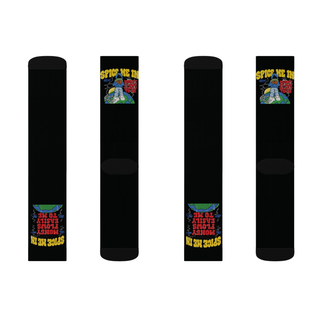Spice Me In - Spice Me Up Black Sublimation Socks — Retro Hot Sauce Graphic