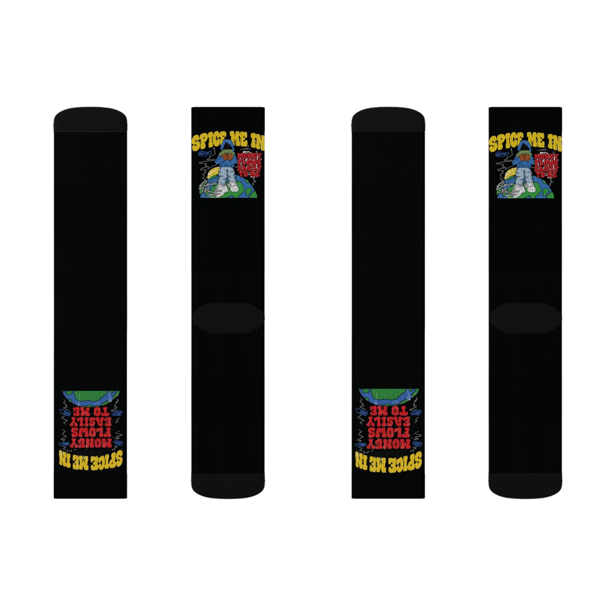 Spice Me In - Spice Me Up Black Sublimation Socks — Retro Hot Sauce Graphic