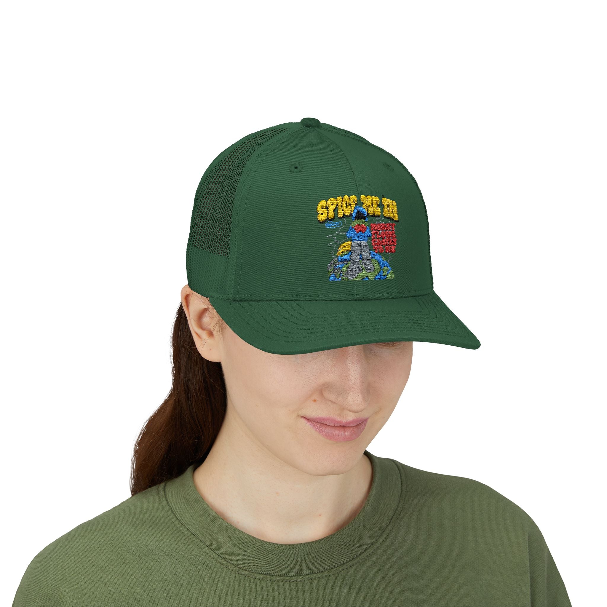 Spice Me In - Snapback Trucker Cap — Colorful Cartoon Parrot Design