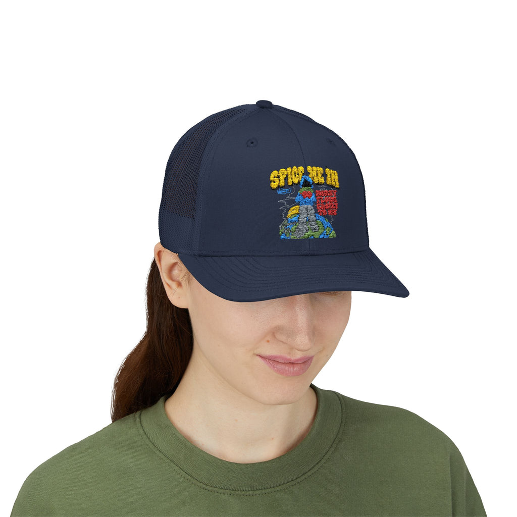 Spice Me In - Snapback Trucker Cap — Colorful Cartoon Parrot Design