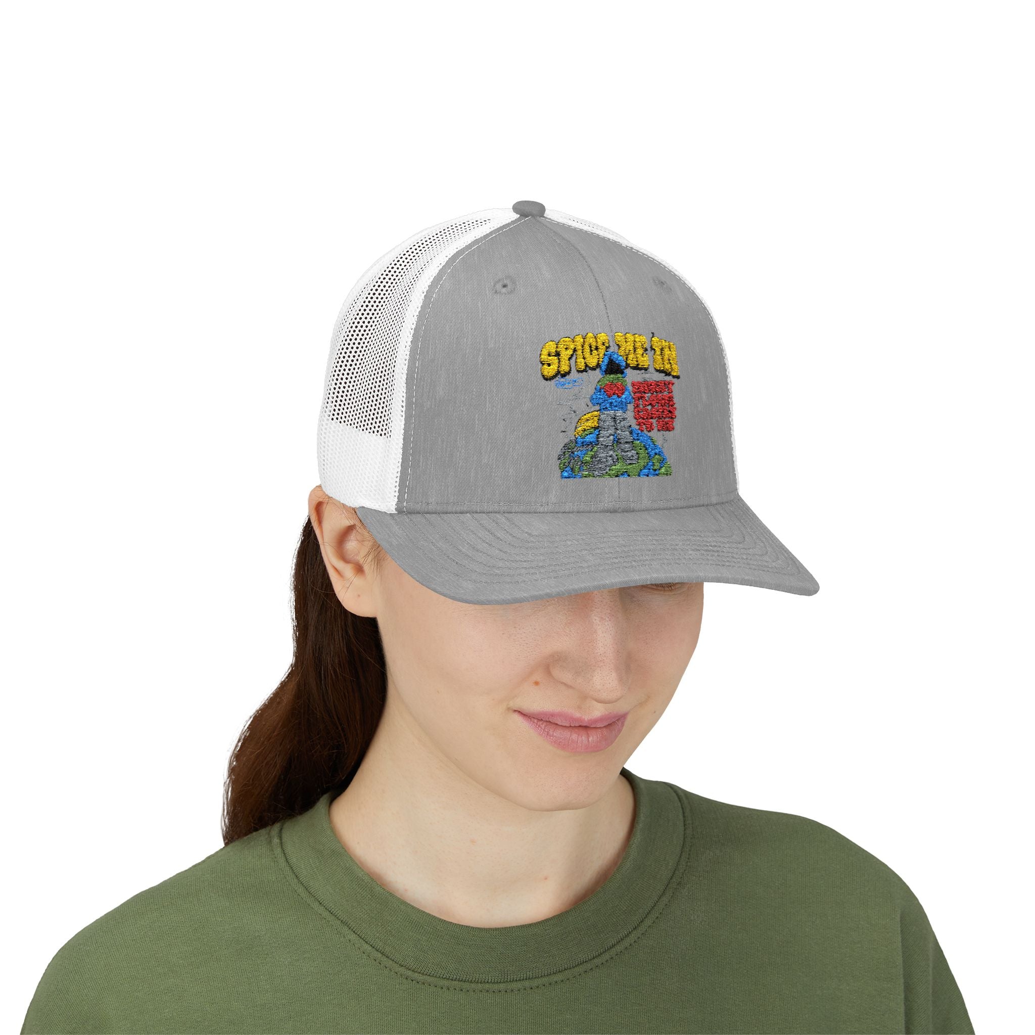 Spice Me In - Snapback Trucker Cap — Colorful Cartoon Parrot Design