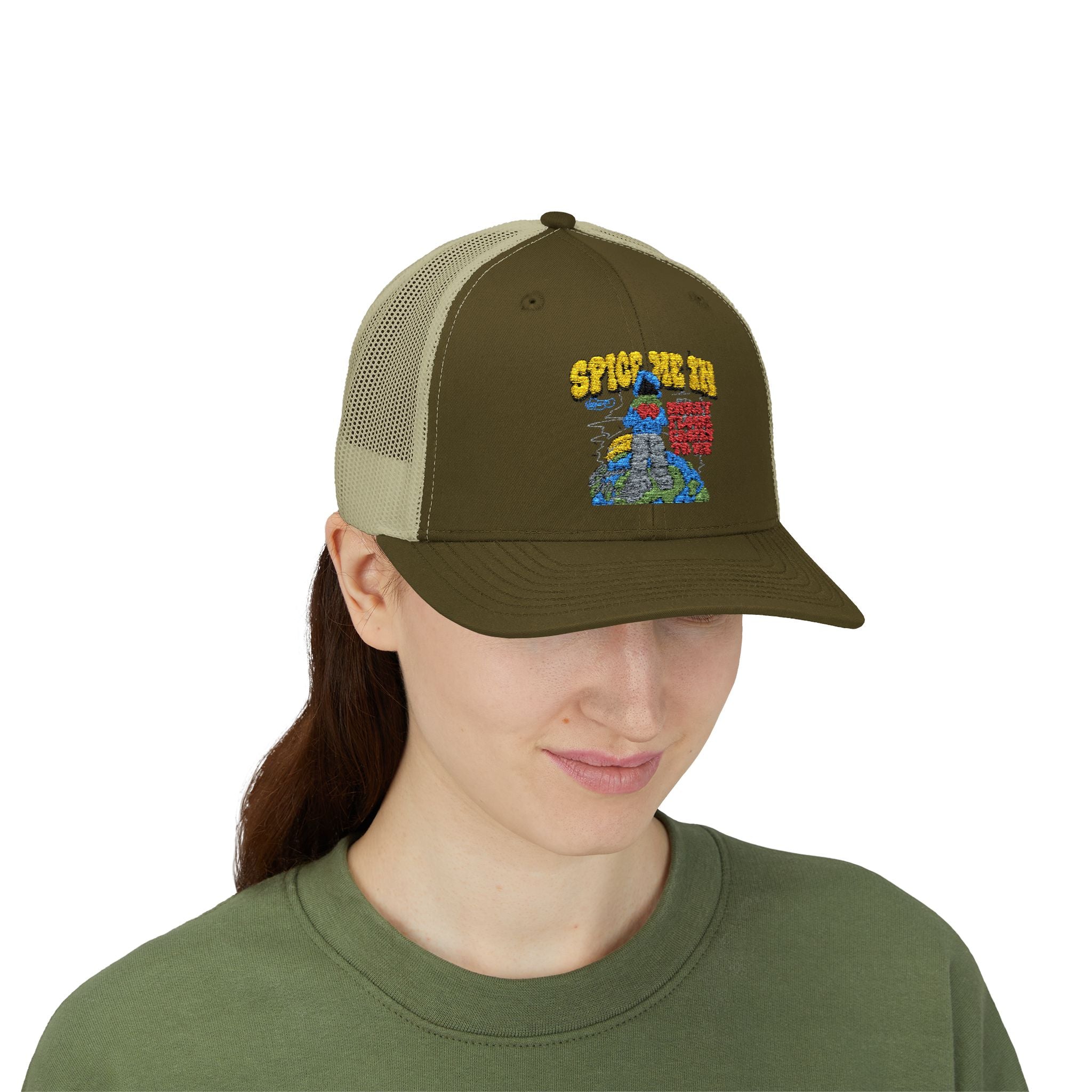 Spice Me In - Snapback Trucker Cap — Colorful Cartoon Parrot Design