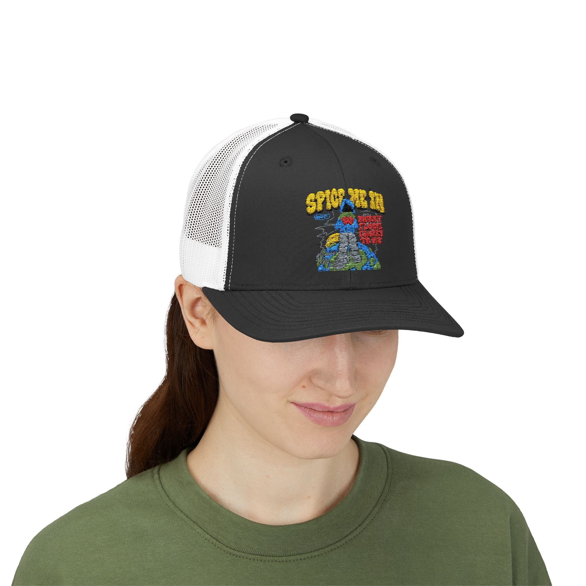 Spice Me In - Snapback Trucker Cap — Colorful Cartoon Parrot Design